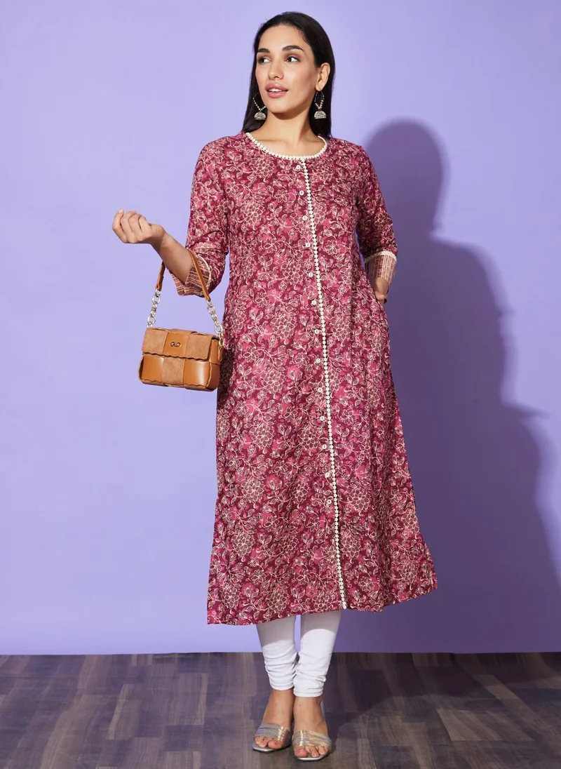 globus Globus Women Floral Printed Beads And Stones Cotton Kurta